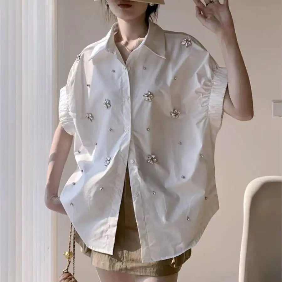 High-end Diamonds Stitch Loose Casual Cotton Short Sleeve Shirts Blouses Women 2025 Spring Summer Single Breasted Tops Blusas