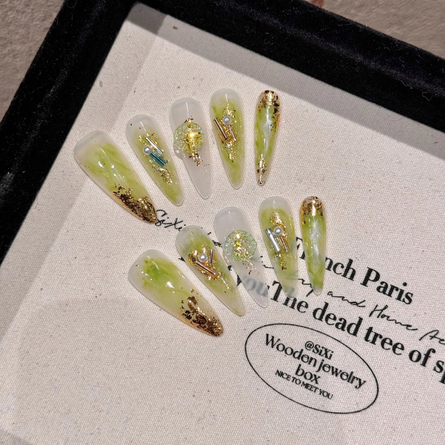 10pcs Long Stiletto Press On Nails Handmade 3D Sliver Rose Flower Decor False Nail Tips Transparent Sequins Removable Fake Nails