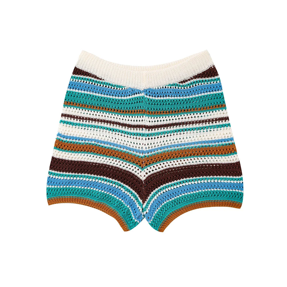 Orange Green Purple Polo Collar Single Breasted Short Sleeves Top Elastic Waist Short Pants Women Striped Suit Set ZATAF Spring