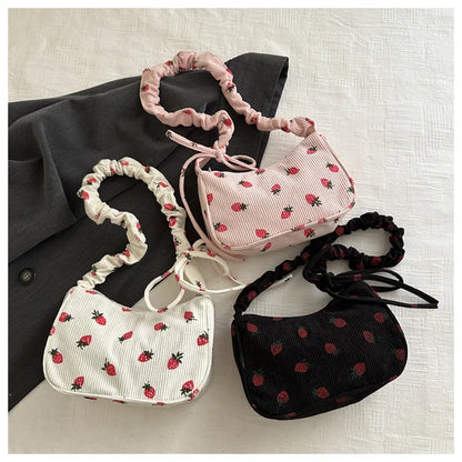 Women Small Underarm Bag Corduroy Handbag Cute Strawberry Print Little Tote Half Moon Design Eco Cloth Purse Mini Shoulder Bags