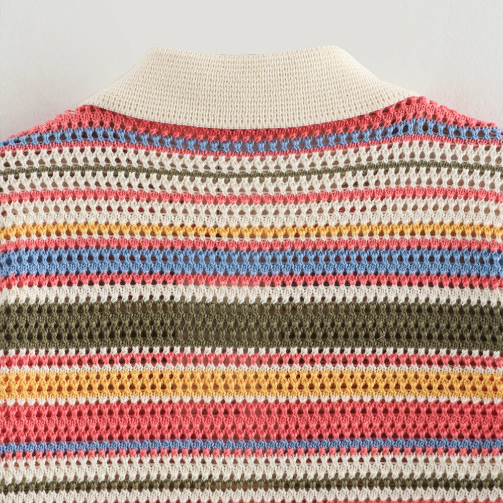 Orange Green Purple Polo Collar Single Breasted Short Sleeves Top Elastic Waist Short Pants Women Striped Suit Set ZATAF Spring