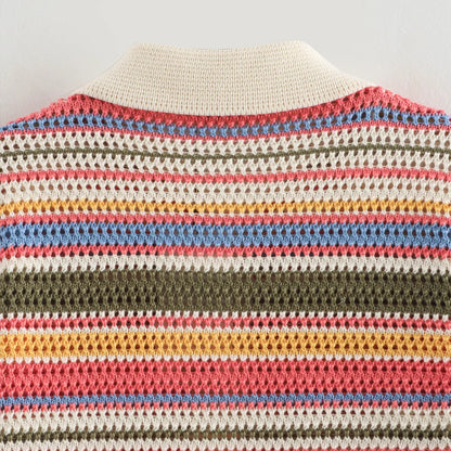 Orange Green Purple Polo Collar Single Breasted Short Sleeves Top Elastic Waist Short Pants Women Striped Suit Set ZATAF Spring