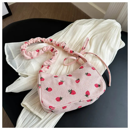 Women Small Underarm Bag Corduroy Handbag Cute Strawberry Print Little Tote Half Moon Design Eco Cloth Purse Mini Shoulder Bags