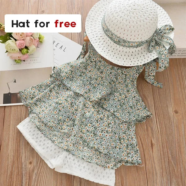 Bear Leader Girls Clothing Sets 2023 Summer Kids Clothes Floral Chiffon Halter+Embroidered Shorts Straw Children Clothing