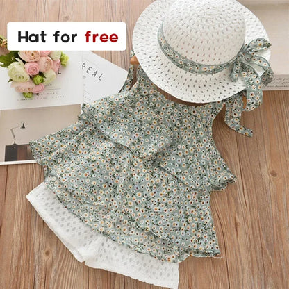 Bear Leader Girls Clothing Sets 2023 Summer Kids Clothes Floral Chiffon Halter+Embroidered Shorts Straw Children Clothing