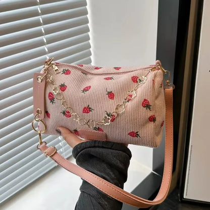 Women Small Underarm Bag Corduroy Handbag Cute Strawberry Print Little Tote Half Moon Design Eco Cloth Purse Mini Shoulder Bags