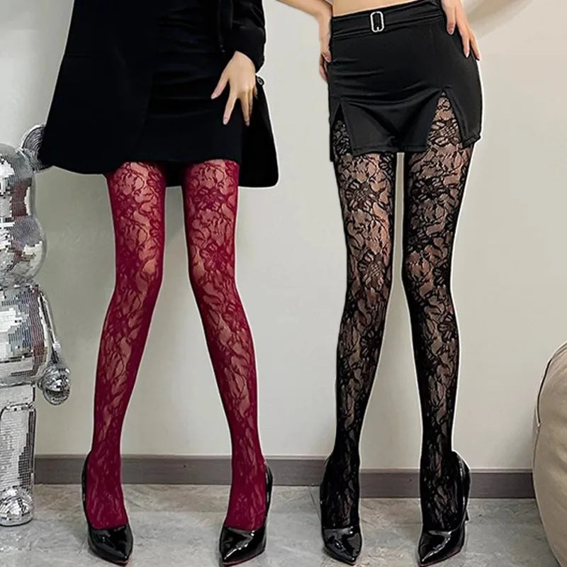 Classic Flower Lolita Kawaii Socks Lace Mesh Stocking Bottomed Pantyhose Japanese Lolita Retro Floral Rattan Red Stocking Tights