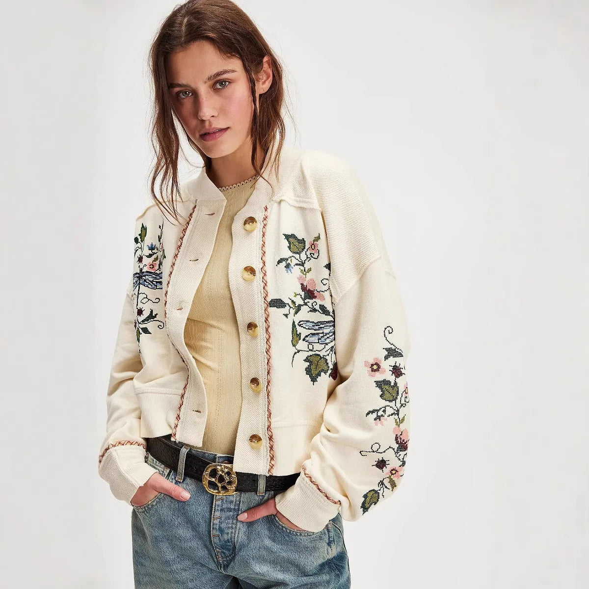Women's Embroidered Floral Single-breasted Jacket, Casual Knitted Coat for Women