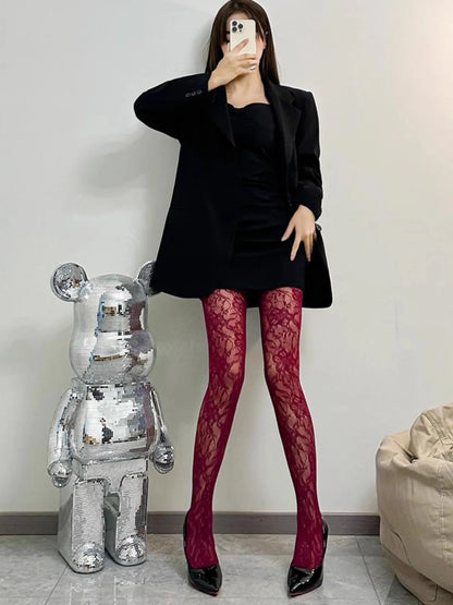 Classic Flower Lolita Kawaii Socks Lace Mesh Stocking Bottomed Pantyhose Japanese Lolita Retro Floral Rattan Red Stocking Tights