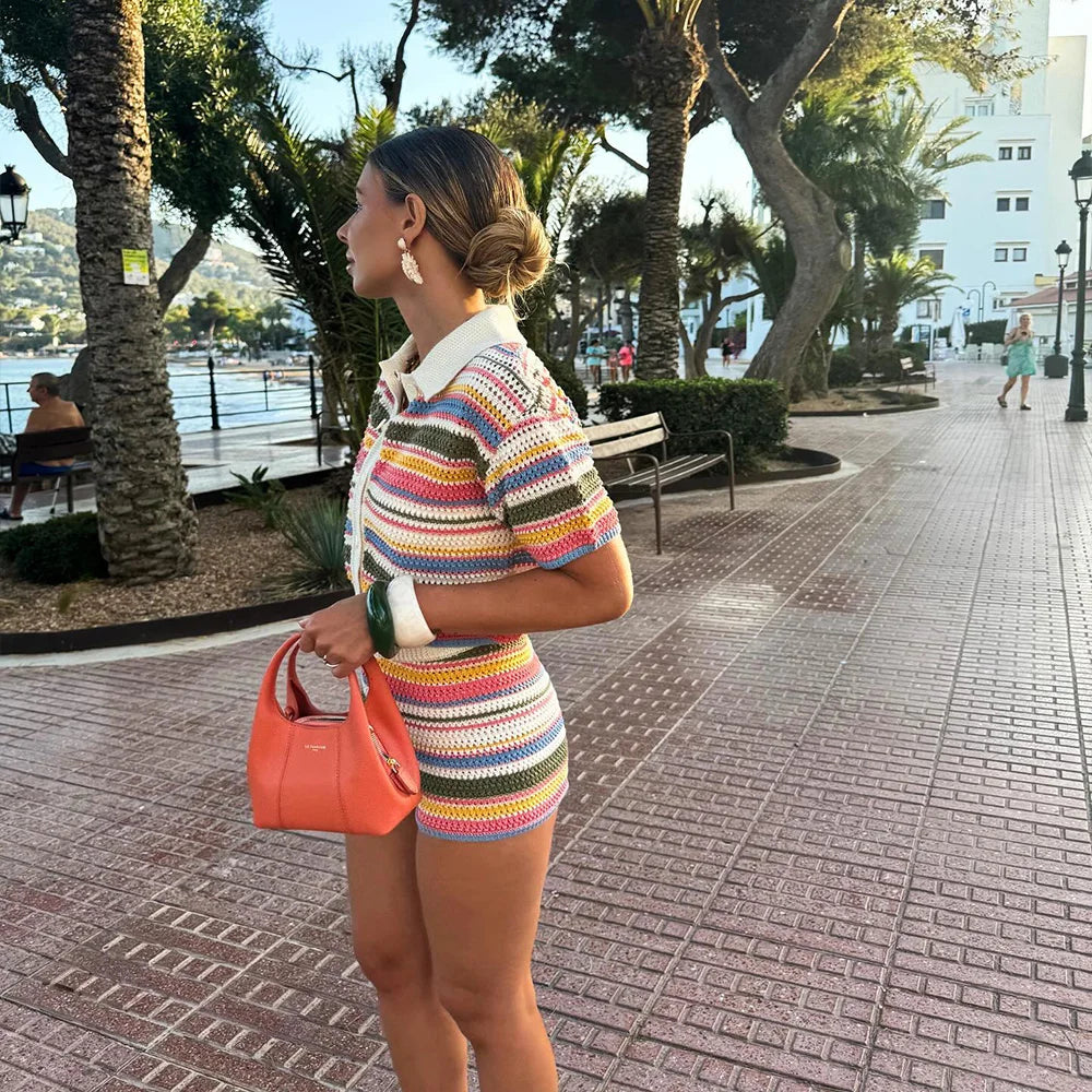 Orange Green Purple Polo Collar Single Breasted Short Sleeves Top Elastic Waist Short Pants Women Striped Suit Set ZATAF Spring