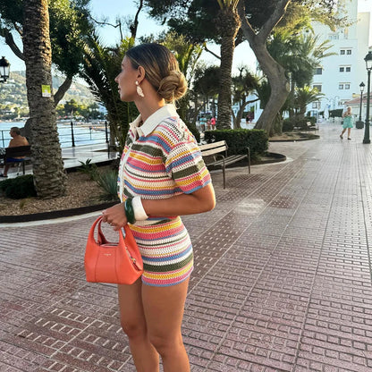 Orange Green Purple Polo Collar Single Breasted Short Sleeves Top Elastic Waist Short Pants Women Striped Suit Set ZATAF Spring
