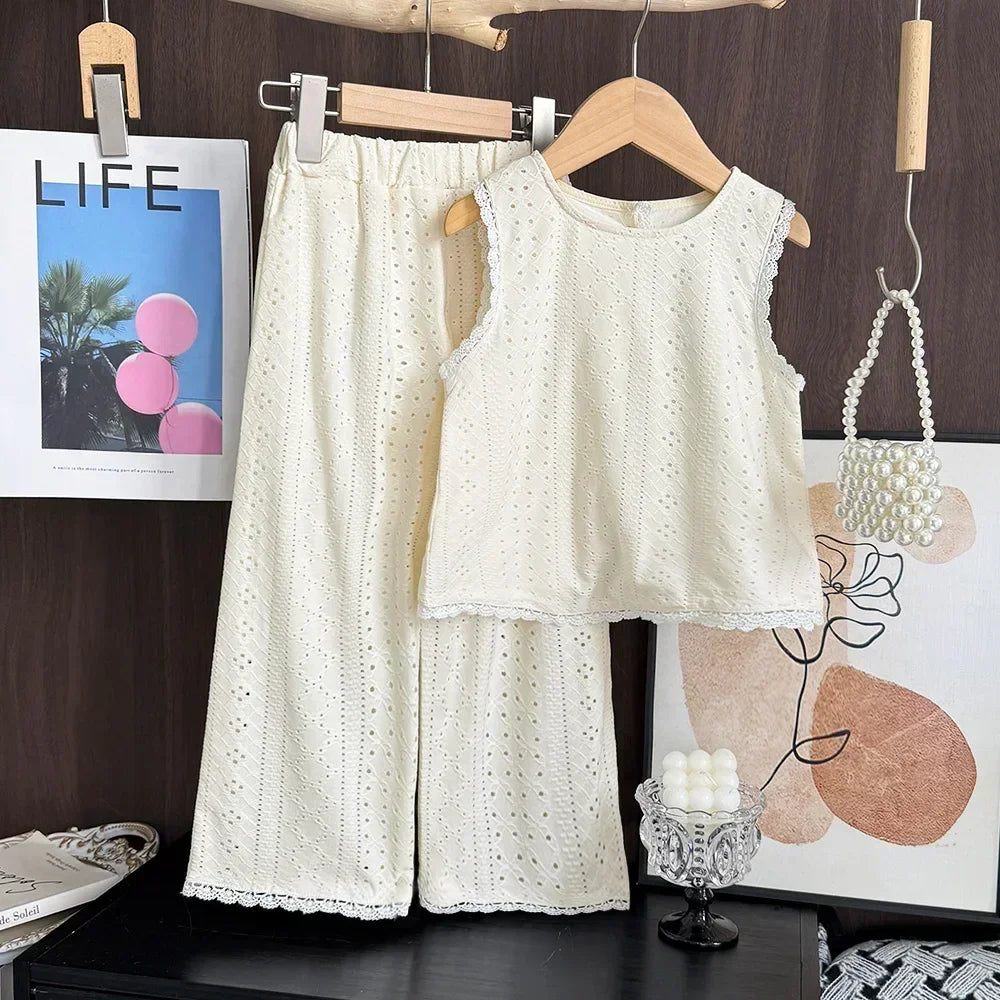 Summer New 3-7 Years Girls Daily Casual Solid Color Outfits Sleeveless O-Neck Top + Pants 2 Pcs Set Children Fashion Clothing