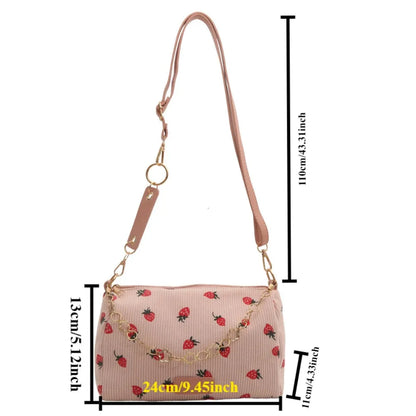 Women Small Underarm Bag Corduroy Handbag Cute Strawberry Print Little Tote Half Moon Design Eco Cloth Purse Mini Shoulder Bags