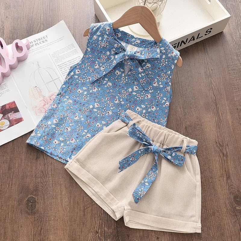 Bear Leader Girls Clothing Sets 2023 Summer Kids Clothes Floral Chiffon Halter+Embroidered Shorts Straw Children Clothing