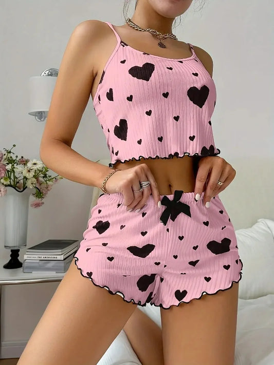 Black Heart Print Pajama Set for Women Undewear Sleepwear Casual Round Neck Backless Crop Top and Shorts Set Loungewear