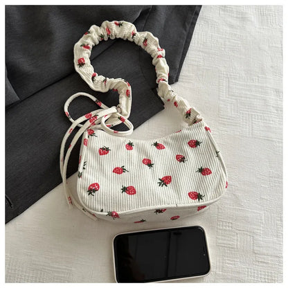 Women Small Underarm Bag Corduroy Handbag Cute Strawberry Print Little Tote Half Moon Design Eco Cloth Purse Mini Shoulder Bags