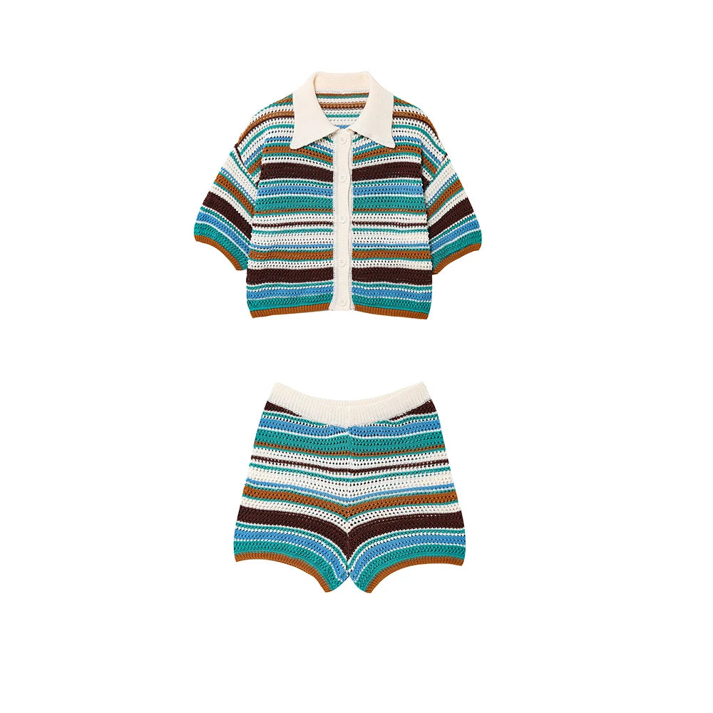 Orange Green Purple Polo Collar Single Breasted Short Sleeves Top Elastic Waist Short Pants Women Striped Suit Set ZATAF Spring