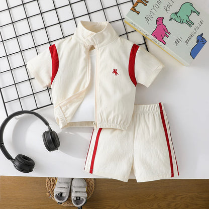 2Pcs Baby Boys Short Sleeve With Zipper Top & Pants Set Summer Outdoor Sports Clothes For 1-3Y Casual
