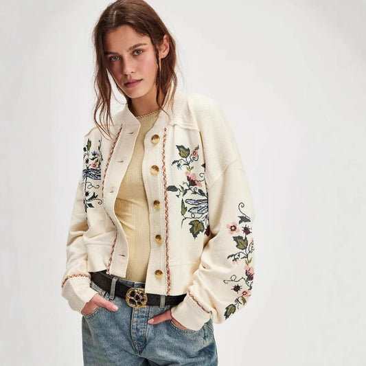 Women's Embroidered Floral Single-breasted Jacket, Casual Knitted Coat for Women