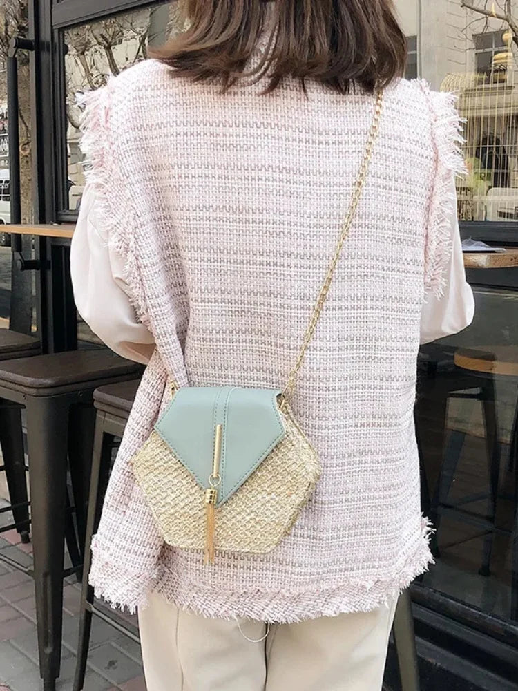 Hexagon Mulit Style Straw+leather Handbag Women Summer Rattan Bag Handmade Woven Beach Circle Bohemia Shoulder Bag