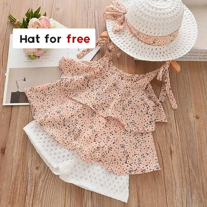 Bear Leader Girls Clothing Sets 2023 Summer Kids Clothes Floral Chiffon Halter+Embroidered Shorts Straw Children Clothing