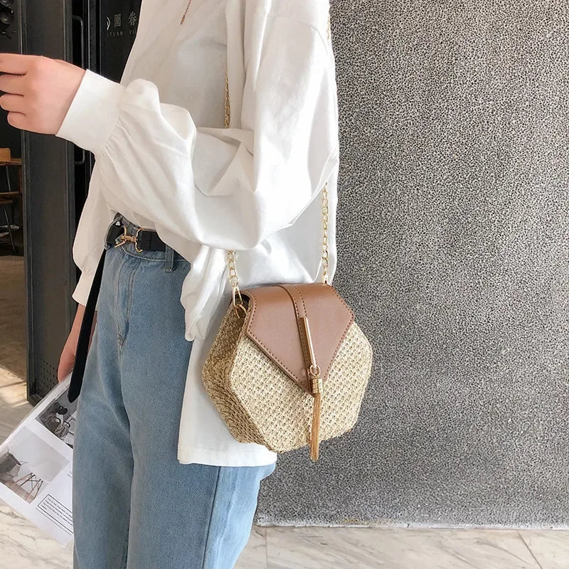 Hexagon Mulit Style Straw+leather Handbag Women Summer Rattan Bag Handmade Woven Beach Circle Bohemia Shoulder Bag