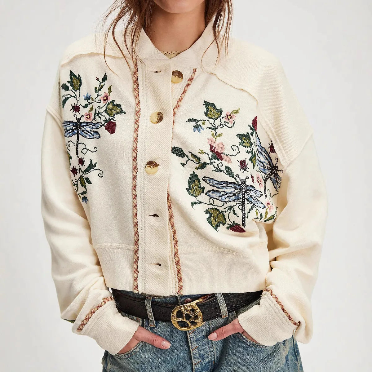Women's Embroidered Floral Single-breasted Jacket, Casual Knitted Coat for Women