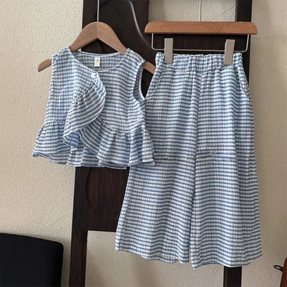 Bear Leader Girls Suit Summer 2023 New Korean Version of The Short-sleeved Bubble Sleeve Shirt + Wide-legged Pants Girls Suit