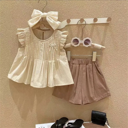 Bear Leader Girls Suit Summer 2023 New Korean Version of The Short-sleeved Bubble Sleeve Shirt + Wide-legged Pants Girls Suit