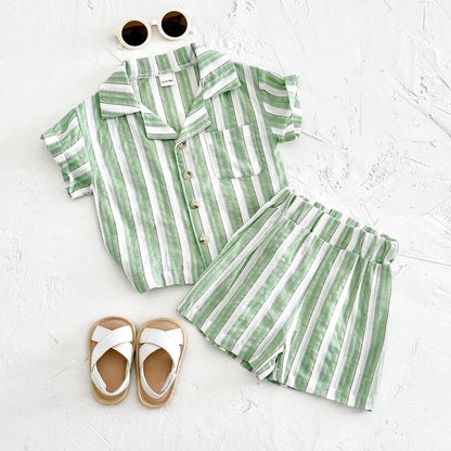 2Pcs Set Newborn Baby Boy Girl Striped Lapel Button Up Shirt Top+Shorts Summer Infant Toddler Outfit Sweatshirt Kids Clothes