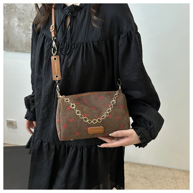 Women Small Underarm Bag Corduroy Handbag Cute Strawberry Print Little Tote Half Moon Design Eco Cloth Purse Mini Shoulder Bags