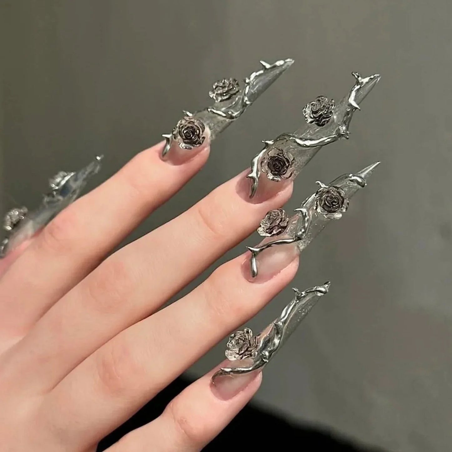 10pcs Long Stiletto Press On Nails Handmade 3D Sliver Rose Flower Decor False Nail Tips Transparent Sequins Removable Fake Nails