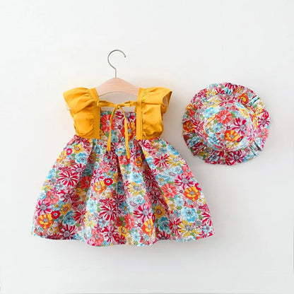 2 Pcs Baby Girl Summer New Dress Sweet Fragmented Flower Flying Sleeves Princess Dress Comes with Hat Suitable for Aged 80-110