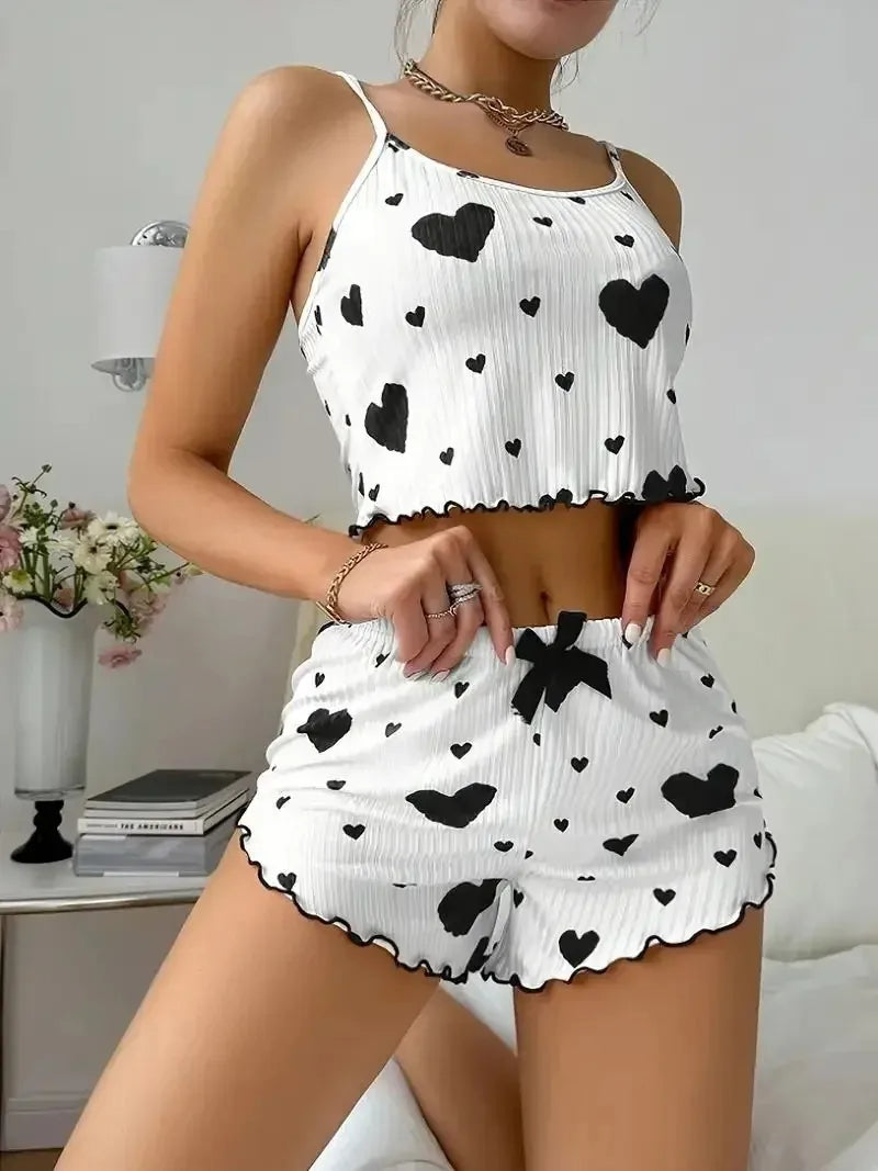 Black Heart Print Pajama Set for Women Undewear Sleepwear Casual Round Neck Backless Crop Top and Shorts Set Loungewear