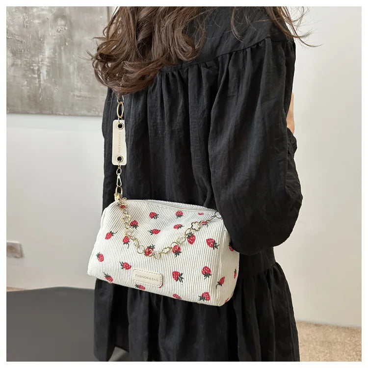Women Small Underarm Bag Corduroy Handbag Cute Strawberry Print Little Tote Half Moon Design Eco Cloth Purse Mini Shoulder Bags