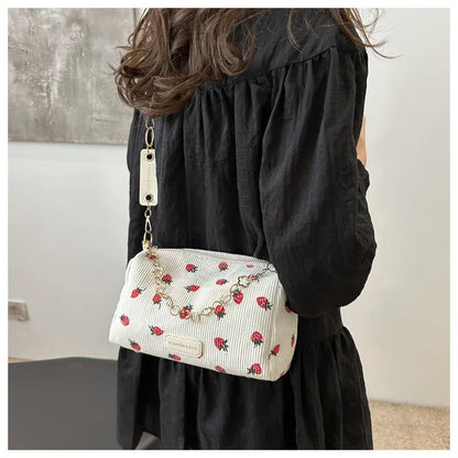 Women Small Underarm Bag Corduroy Handbag Cute Strawberry Print Little Tote Half Moon Design Eco Cloth Purse Mini Shoulder Bags