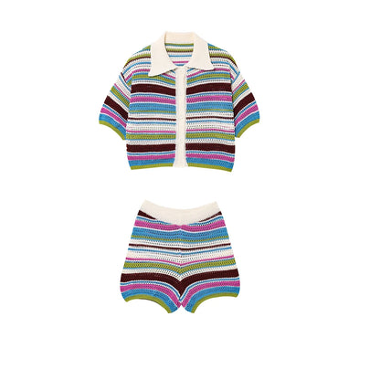 Orange Green Purple Polo Collar Single Breasted Short Sleeves Top Elastic Waist Short Pants Women Striped Suit Set ZATAF Spring
