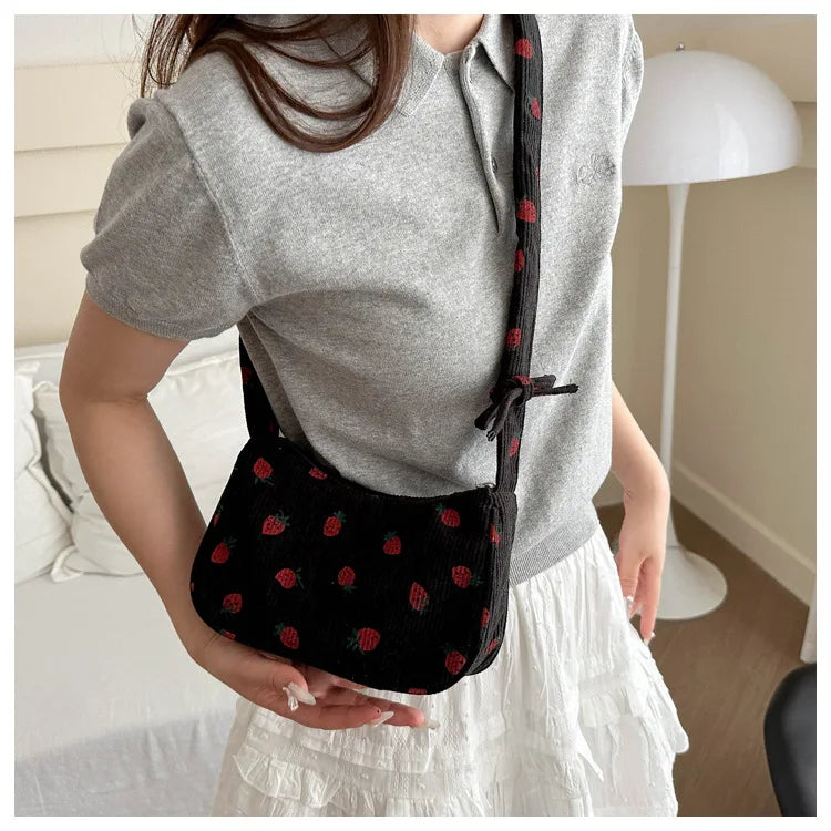 Women Small Underarm Bag Corduroy Handbag Cute Strawberry Print Little Tote Half Moon Design Eco Cloth Purse Mini Shoulder Bags