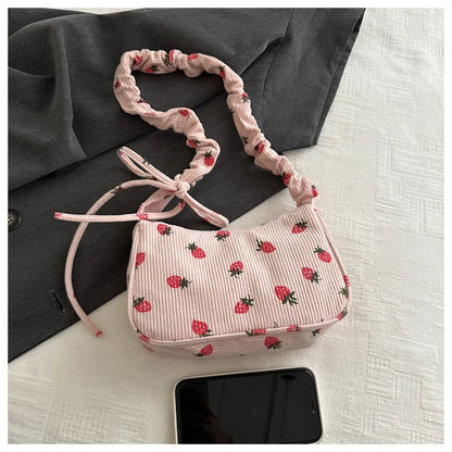 Women Small Underarm Bag Corduroy Handbag Cute Strawberry Print Little Tote Half Moon Design Eco Cloth Purse Mini Shoulder Bags