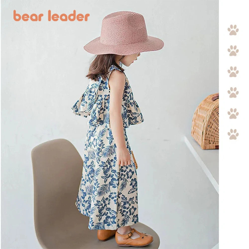 Bear Leader Girls Suit Summer 2023 New Korean Version of The Short-sleeved Bubble Sleeve Shirt + Wide-legged Pants Girls Suit