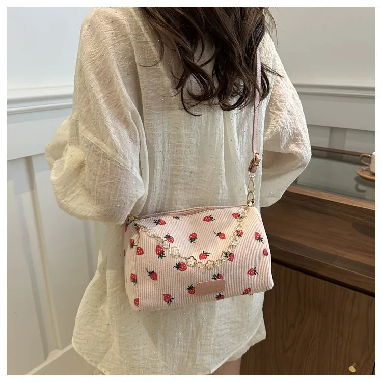 Women Small Underarm Bag Corduroy Handbag Cute Strawberry Print Little Tote Half Moon Design Eco Cloth Purse Mini Shoulder Bags