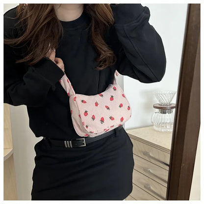 Women Small Underarm Bag Corduroy Handbag Cute Strawberry Print Little Tote Half Moon Design Eco Cloth Purse Mini Shoulder Bags