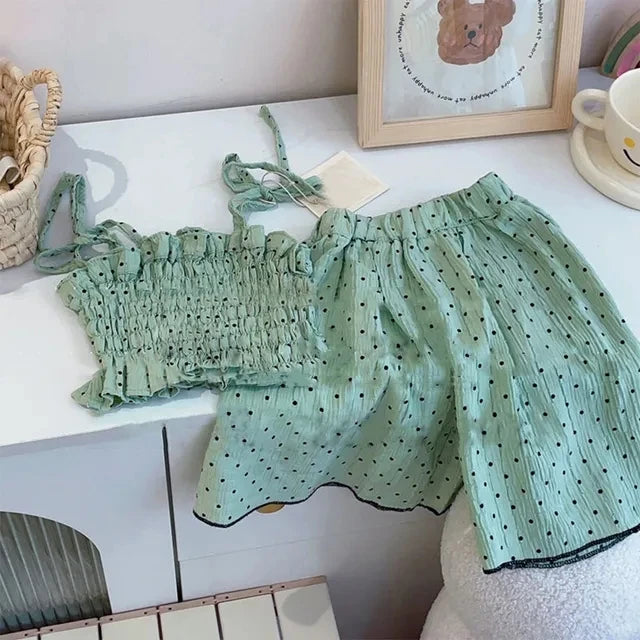 Bear Leader Girls Suit Summer 2023 New Korean Version of The Short-sleeved Bubble Sleeve Shirt + Wide-legged Pants Girls Suit