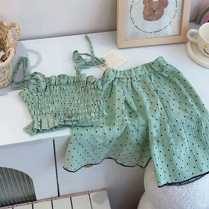 Bear Leader Girls Suit Summer 2023 New Korean Version of The Short-sleeved Bubble Sleeve Shirt + Wide-legged Pants Girls Suit