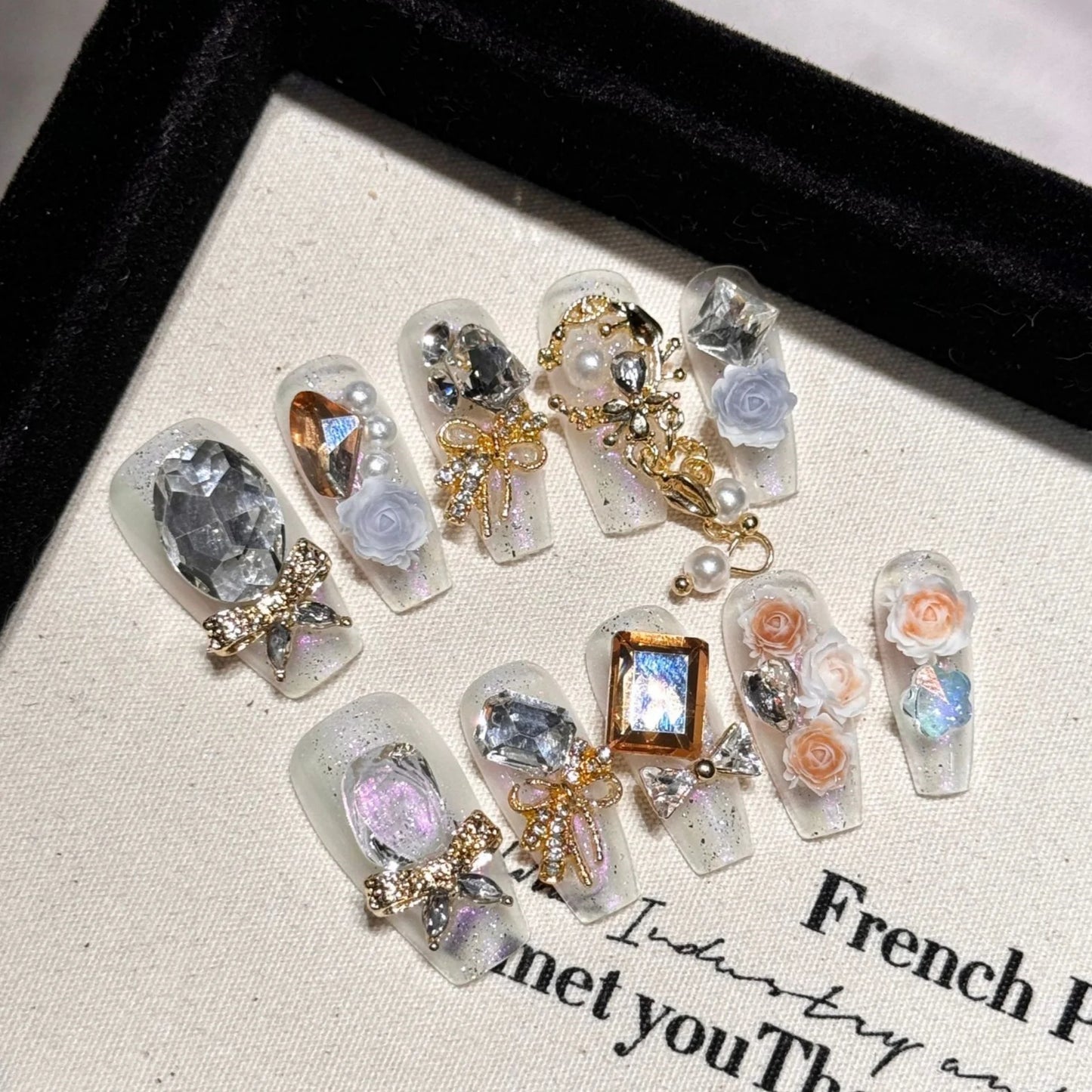 10pcs Long Stiletto Press On Nails Handmade 3D Sliver Rose Flower Decor False Nail Tips Transparent Sequins Removable Fake Nails