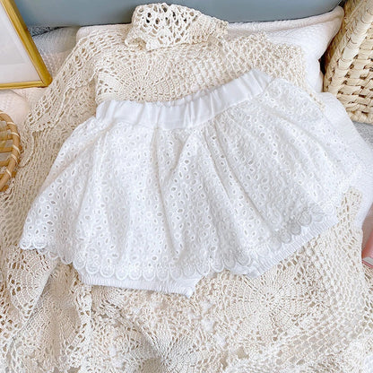 Girls 2022 Summer Clothing Sets Hollow Lace Suit Baby Casual Sleeveless T-shirt+Shorts Kids Clothing Sets Baby Clothes Outfits