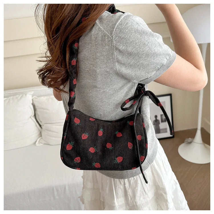 Women Small Underarm Bag Corduroy Handbag Cute Strawberry Print Little Tote Half Moon Design Eco Cloth Purse Mini Shoulder Bags