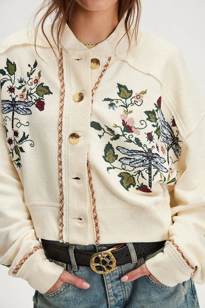 Women's Embroidered Floral Single-breasted Jacket, Casual Knitted Coat for Women