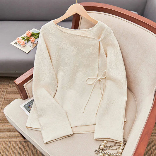 Vintage Chinese Style Women's Top Tea Jacket Round Neck Jacquard Shirt Jacket Autumn Winter Elegant Temperament Woman Clothing