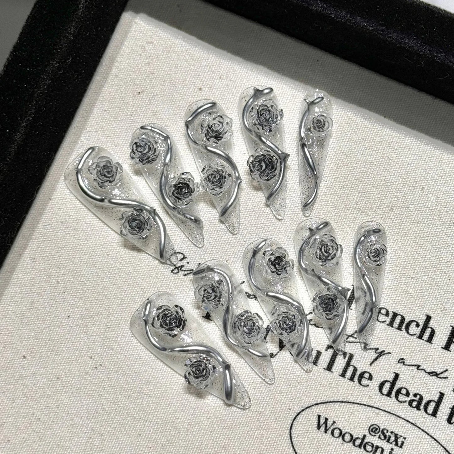 10pcs Long Stiletto Press On Nails Handmade 3D Sliver Rose Flower Decor False Nail Tips Transparent Sequins Removable Fake Nails